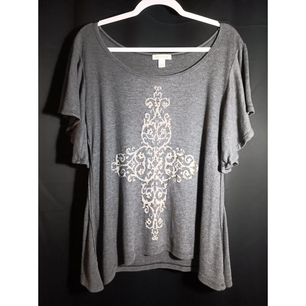 Boston Proper Women’s Large Gray Bat Wing Sleeve Cross Shirt Flowy Y2kCore Top